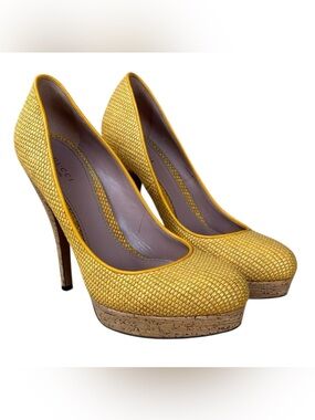 GUCCI Bumblebee Yellow Woven Jute & Cork Platform Heels